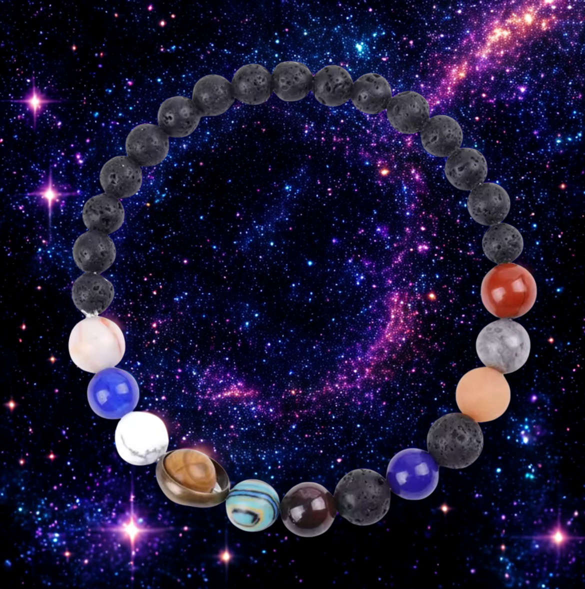 🌌 Bracelet Système Solaire – Perles de Lave Noire & Pierres Planétaires (6 mm)