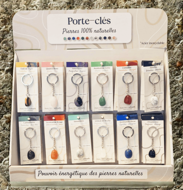 Porte-clé en Acier Inoxydable – 12 Pierres Naturelles au Choix – Protection, Amour & Sérénité