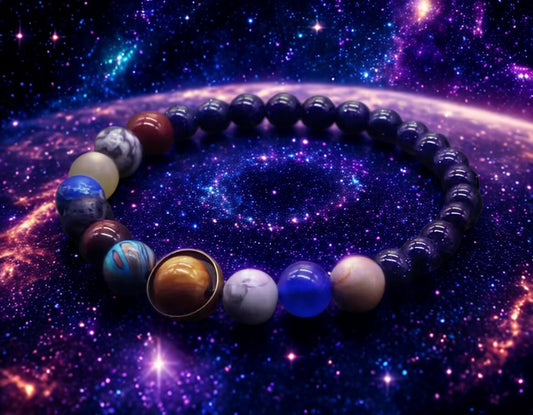 🌌 Bracelet Système Solaire – Perles Bleues & Pierres Planétaires (6 mm)
