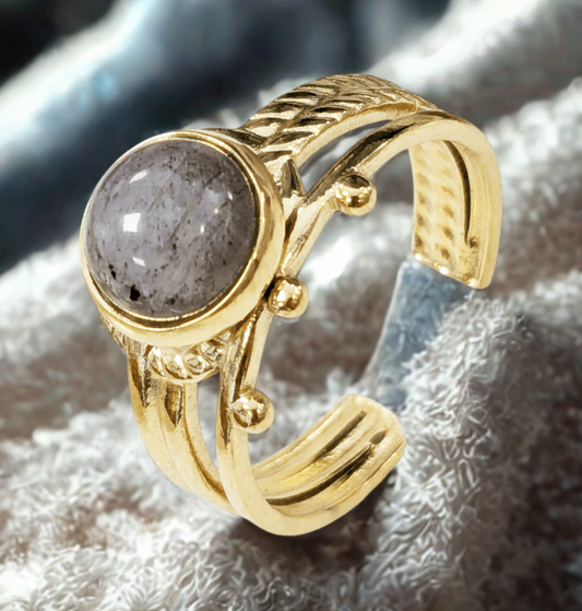 Bague Dorée Ajustable en Labradorite Naturelle – Acier Inoxydable – Certifiée par un Laboratoire de Gemmologie – Écrin Inclus