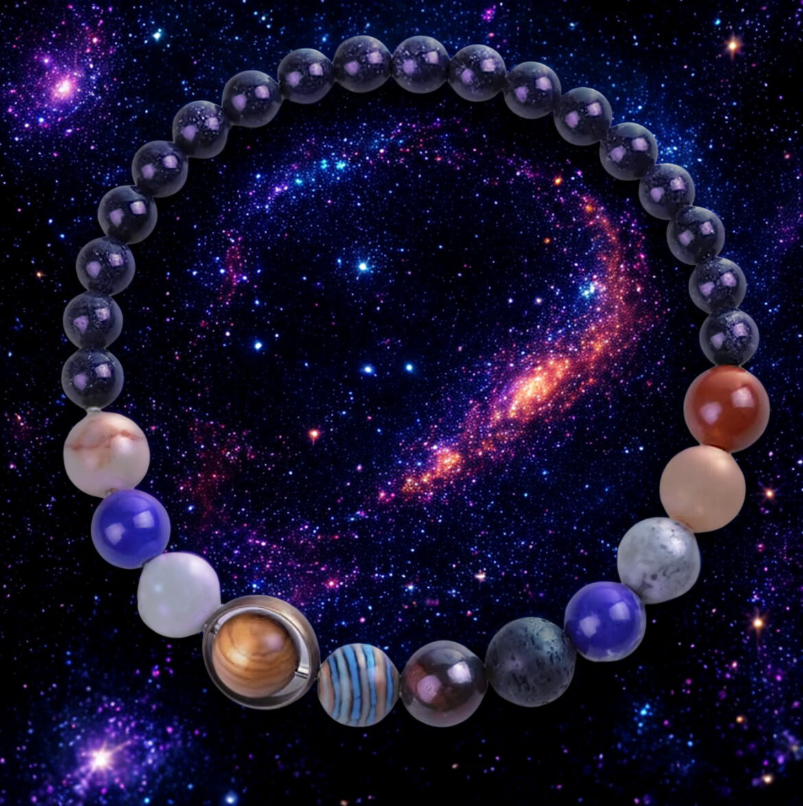 🌌 Bracelet Système Solaire – Perles Bleues & Pierres Planétaires (6 mm)