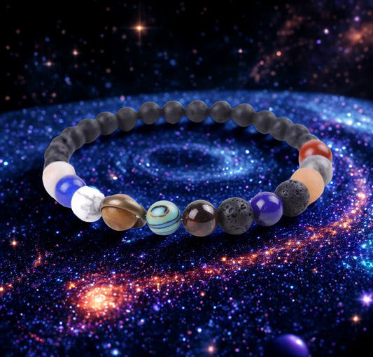 🌌 Bracelet Système Solaire – Perles de Lave Noire & Pierres Planétaires (6 mm)