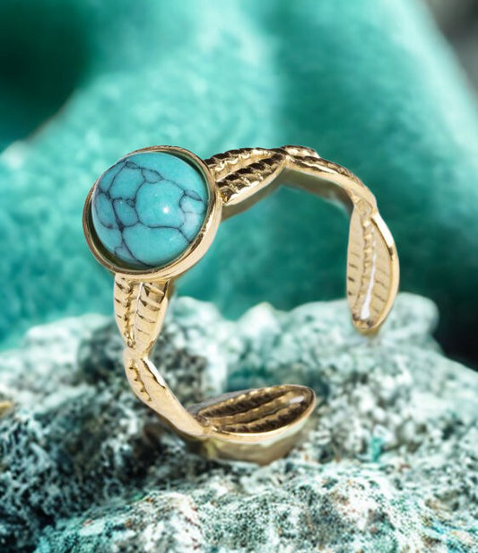 Bague Dorée Ajustable en Turquénite Naturelle – Acier Inoxydable – Certifiée – Écrin Inclus