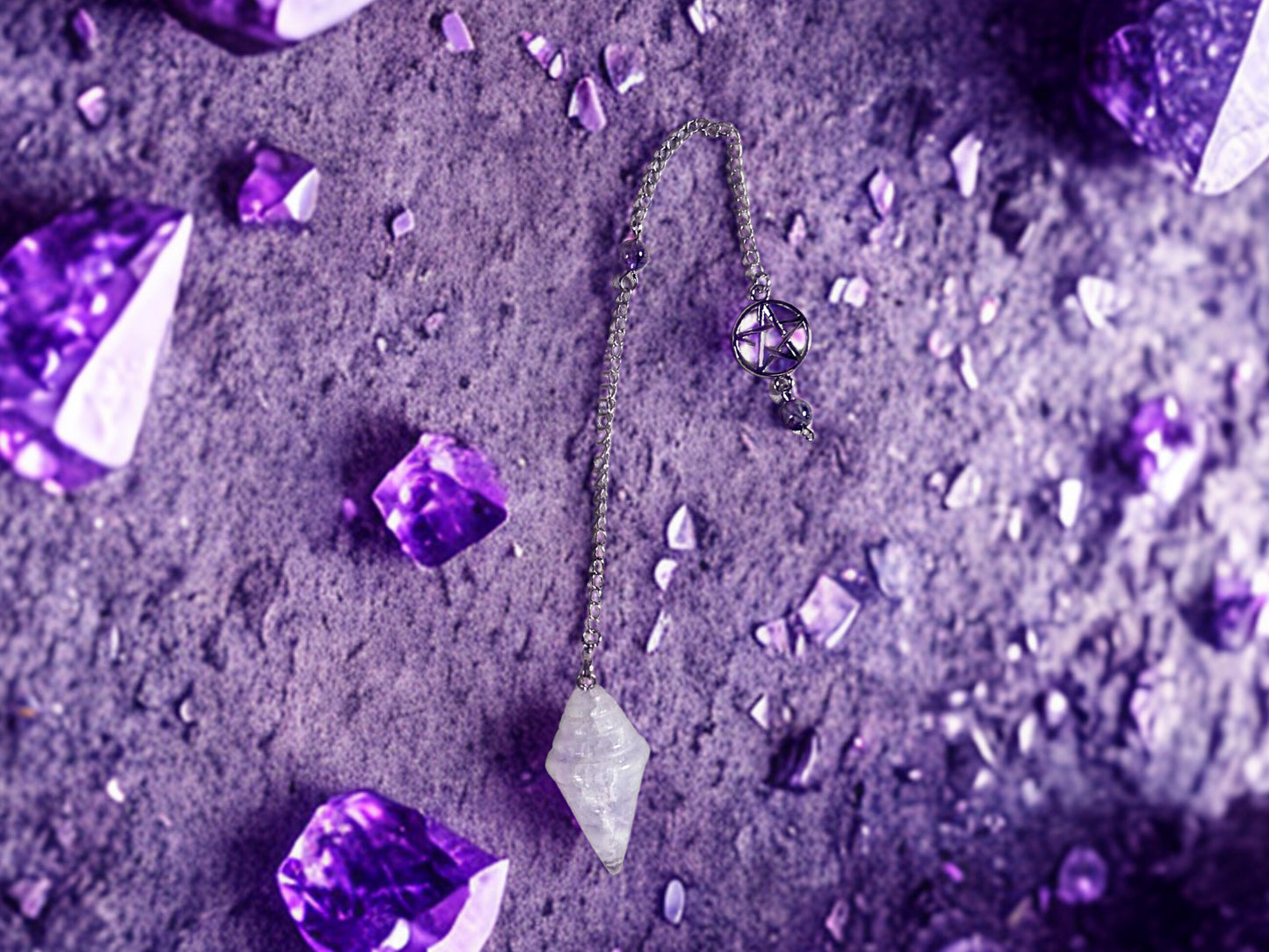 🔮 Pendule “Maguyris” – Cristal de Roche Poli & Améthyste Travaillée, Protection Pentacle