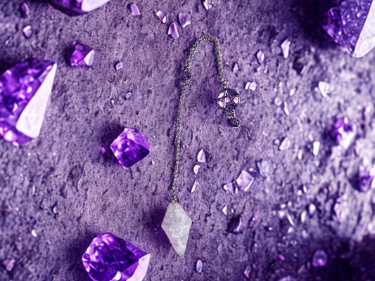 🔮 Pendule “Maguyris” – Cristal de Roche Poli & Améthyste Travaillée, Protection Pentacle