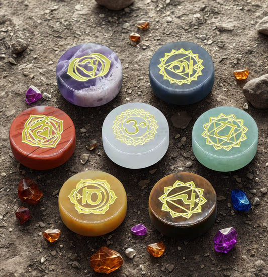 🌈 Pierres 7 Chakras Gravées – Coffret Énergétique avec Carte Explicative