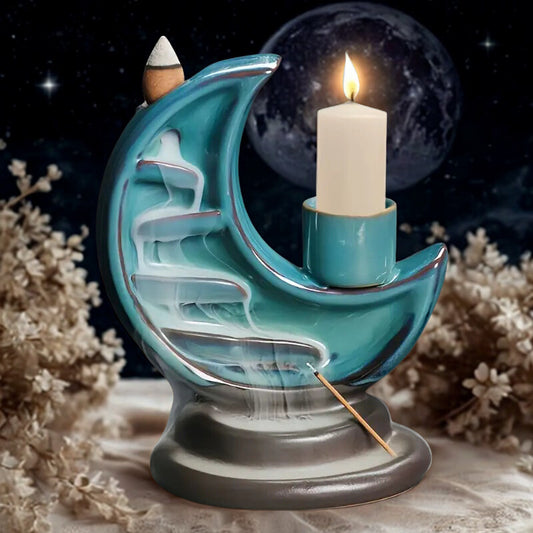 Porte-Encens Lune Backflow & Bougie – Céramique Mystique (15 × 12 cm)