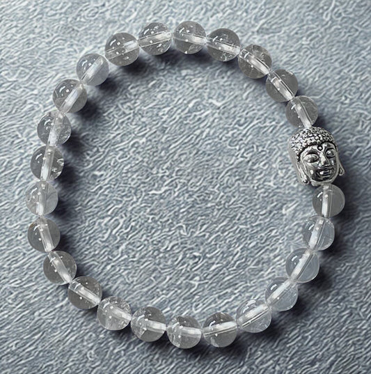 Bracelet Cristal de Roche & Bouddha – Perles 6 mm ou 8 mm – Certifié par un Laboratoire de Gemmologie