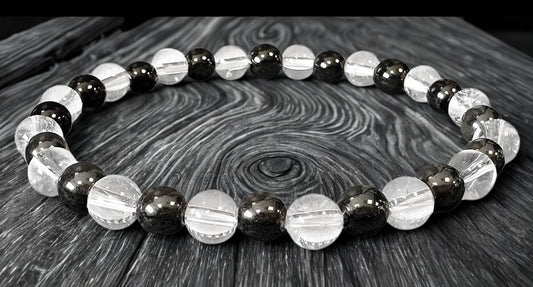Bracelet Hématite & Cristal de Roche – Perles 6 mm – Certifié par un Laboratoire de Gemmologie
