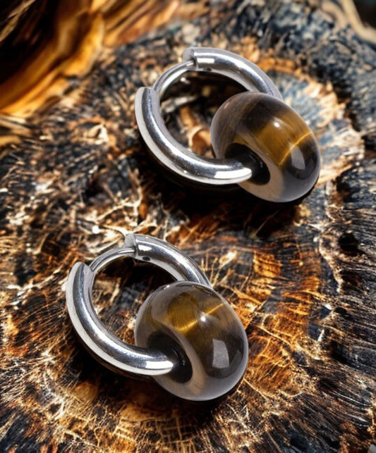 Boucles d’Oreilles Hope Argentées en Œil de Tigre Naturel – Acier Inoxydable – Certifiées par un Laboratoire de Gemmologie – Écrin Inclus